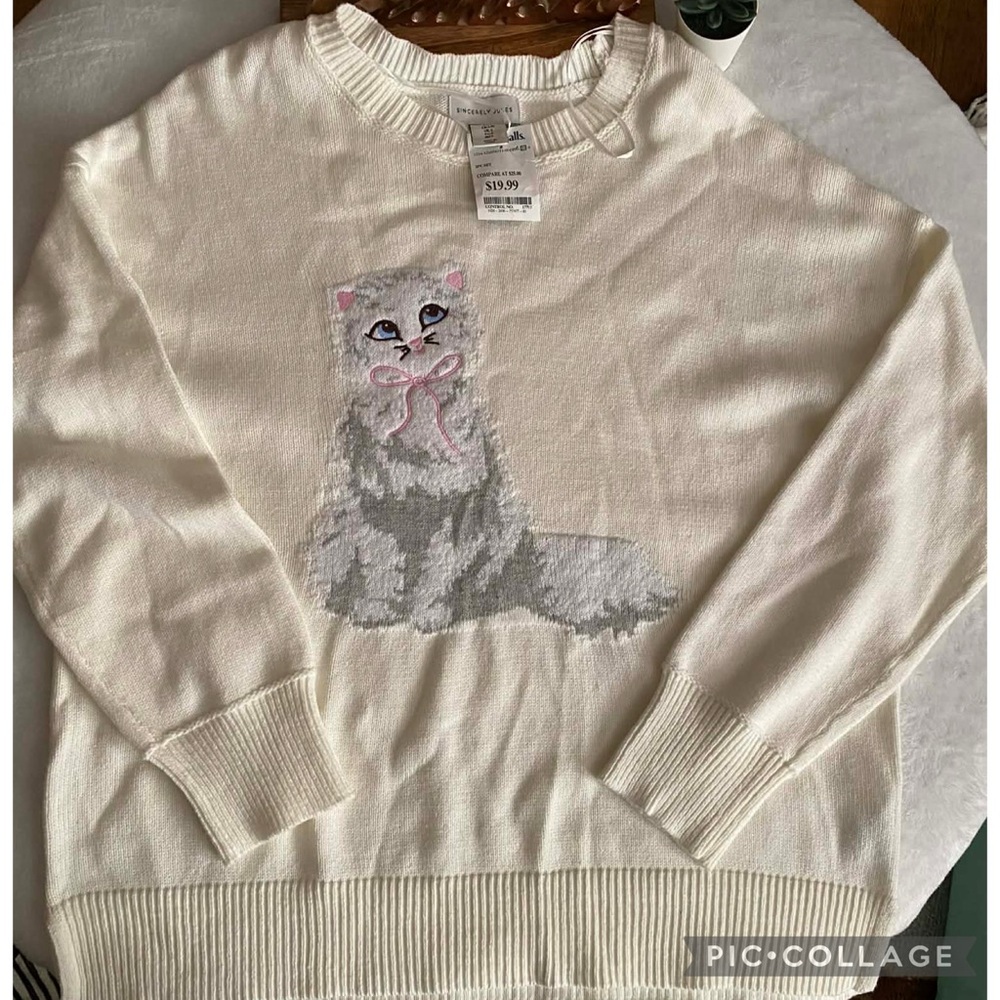 Brand New Sincerely Jules Cream Sweater with Cat Design